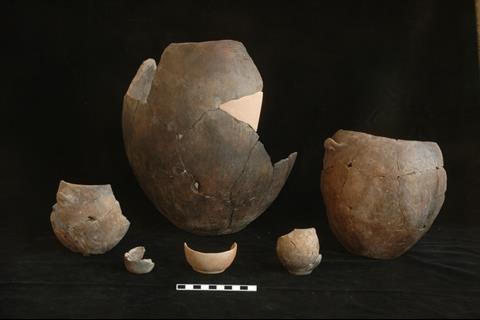 A photograph of a collection of Neolithic pottery excavated from Çatalhöyük